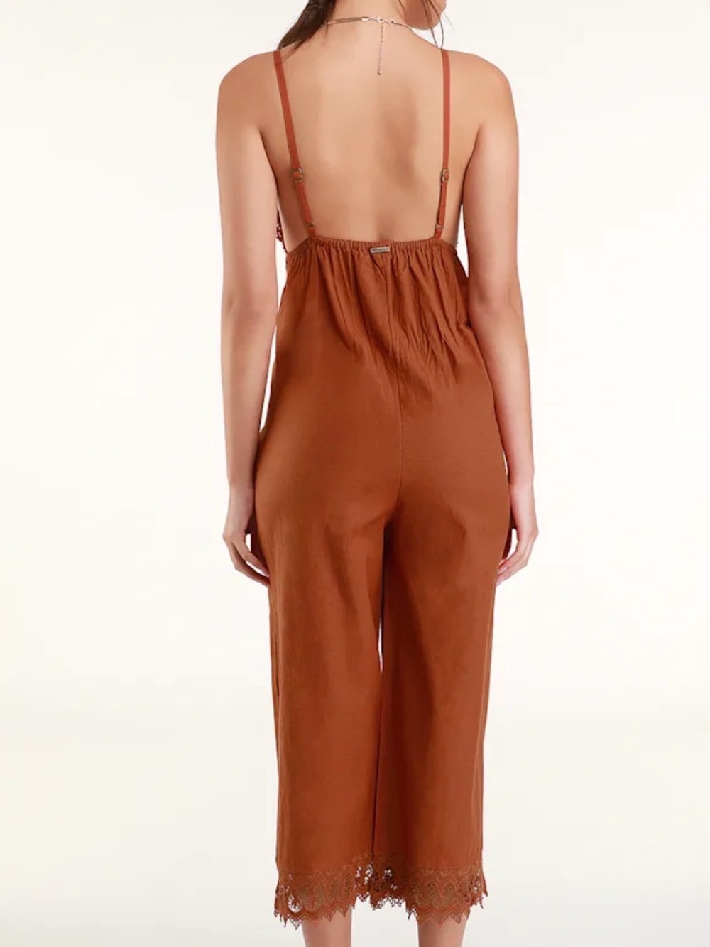 Billabong Rust Lace-Trim Wide-Leg Jumpsuit - Picture 2 of 11
